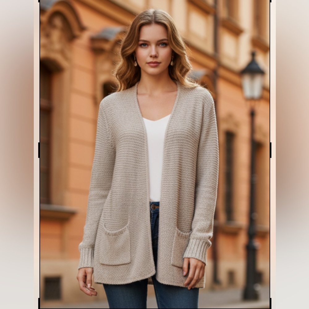EILEEN FISHER Cardigan Beige Sweater Slouchy Open Tunic Chunky
